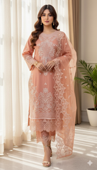 Woman wearing a peach embroidered outfit in a bright room with curtains and a plant.