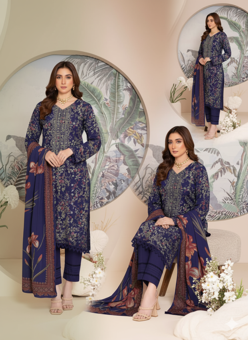 Woman wearing a blue floral dress with matching pants in a decorated room.