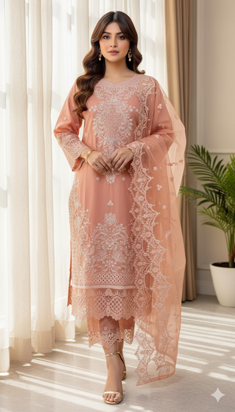 Woman wearing a peach embroidered outfit in a bright room with curtains and a plant.