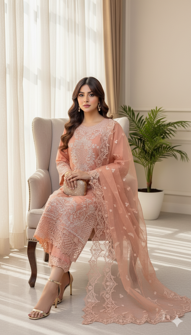 Woman in a peach embroidered outfit sitting on a chair in a well-lit room with curtains and a plant.