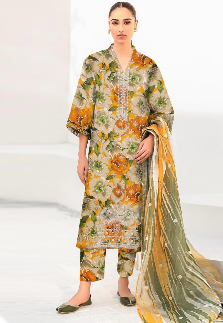 Woman wearing a floral dress with a matching dupatta on a white background